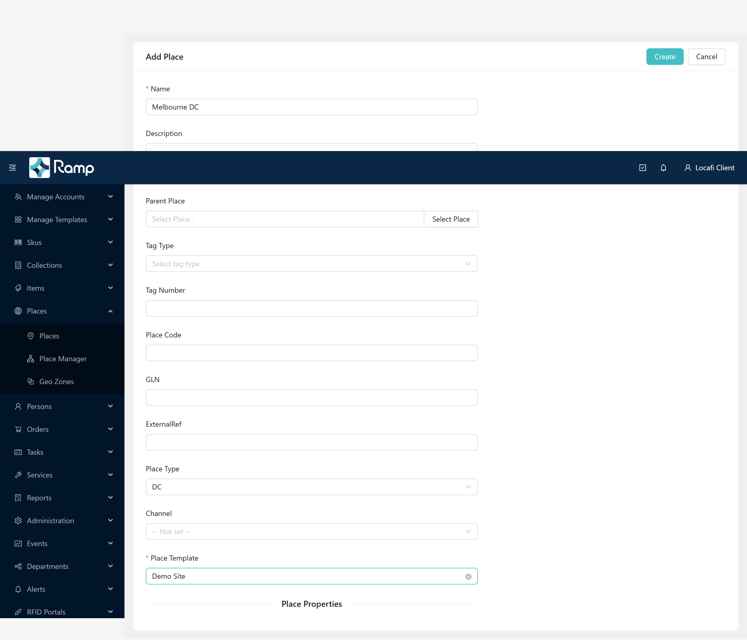 Add Place form filled for Melbourne DC: Name, Place Type=DC, Template=Demo Site, Parent Place left empty