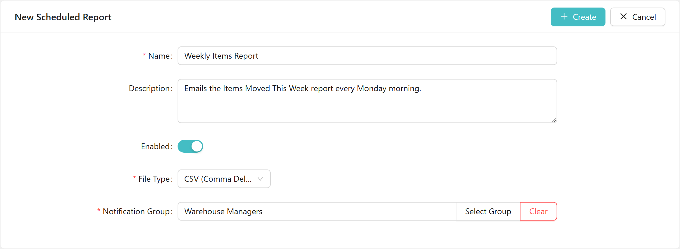The New Scheduled Report form filled in for the CSV example: Name "Weekly Items Report", Description "Emails the Items Moved This Week report every Monday morning.", Enabled switch on, File Type CSV, and Notification Group showing "Warehouse Managers" with Select Group and Clear buttons.
