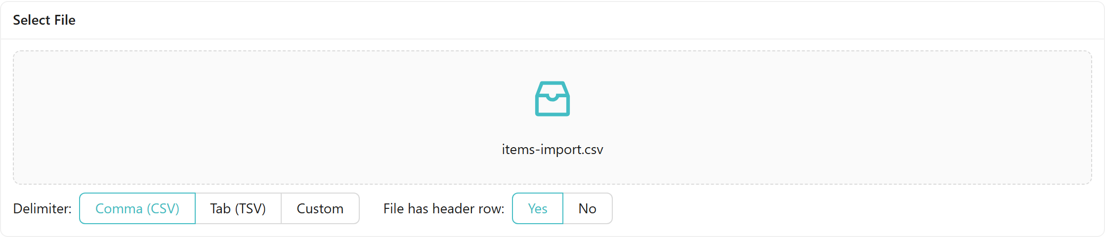 Select File card showing items-import.csv loaded, Delimiter set to Comma (CSV), File has header row set to Yes