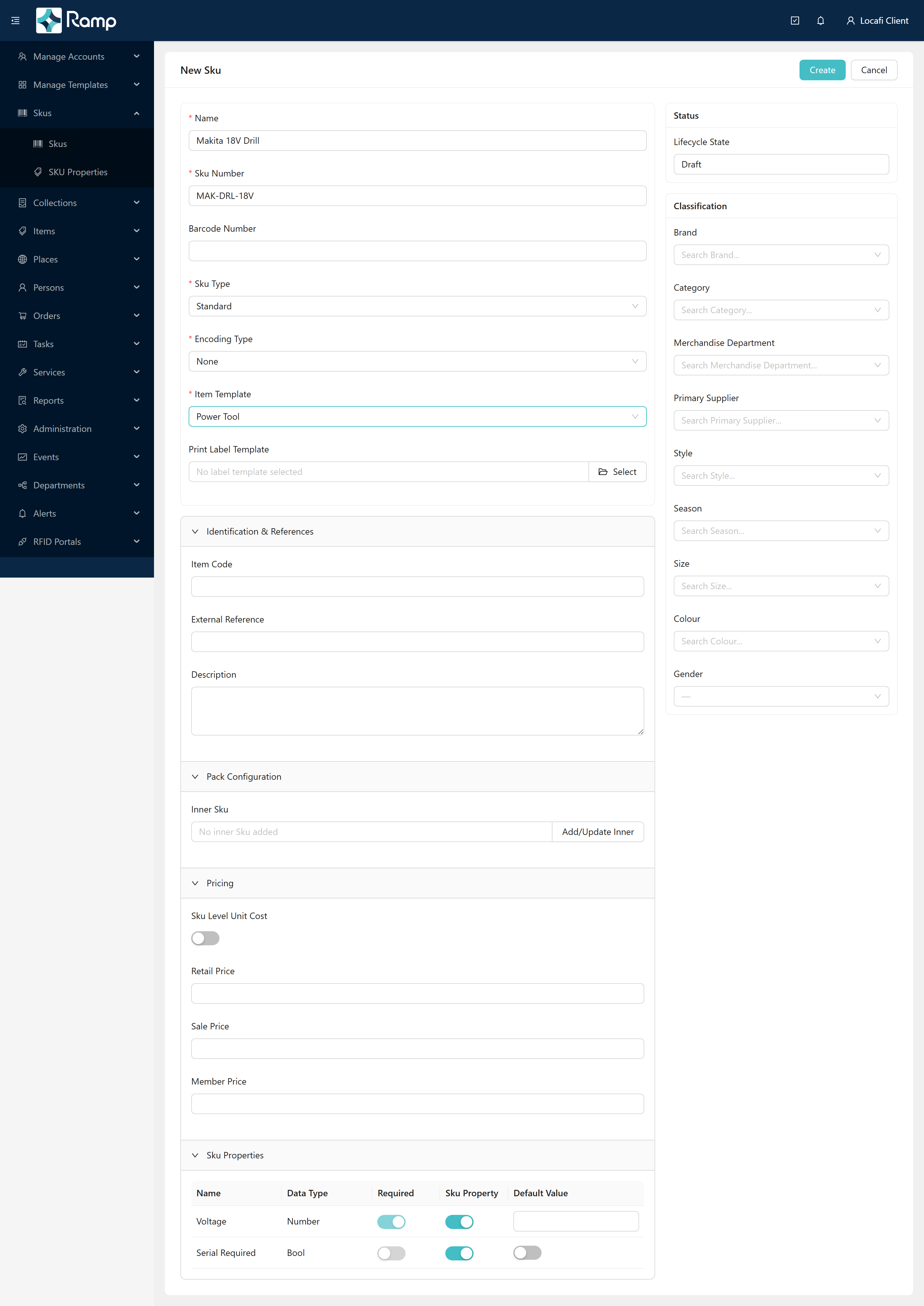 New SKU form with Essentials filled: Name, SKU Number, Type, Encoding, and Template set