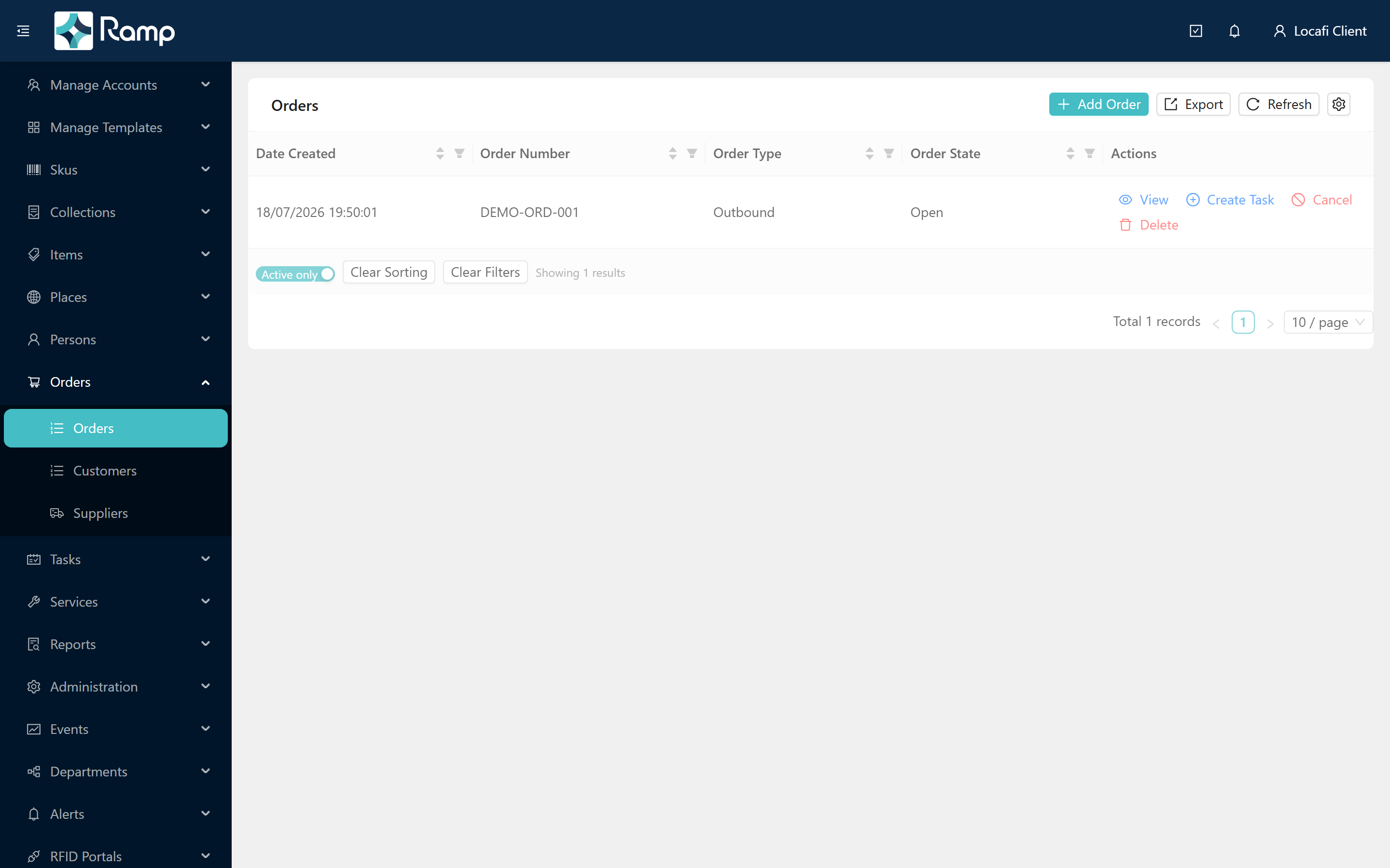 Orders list showing the demo order row with Order Type and Order State columns