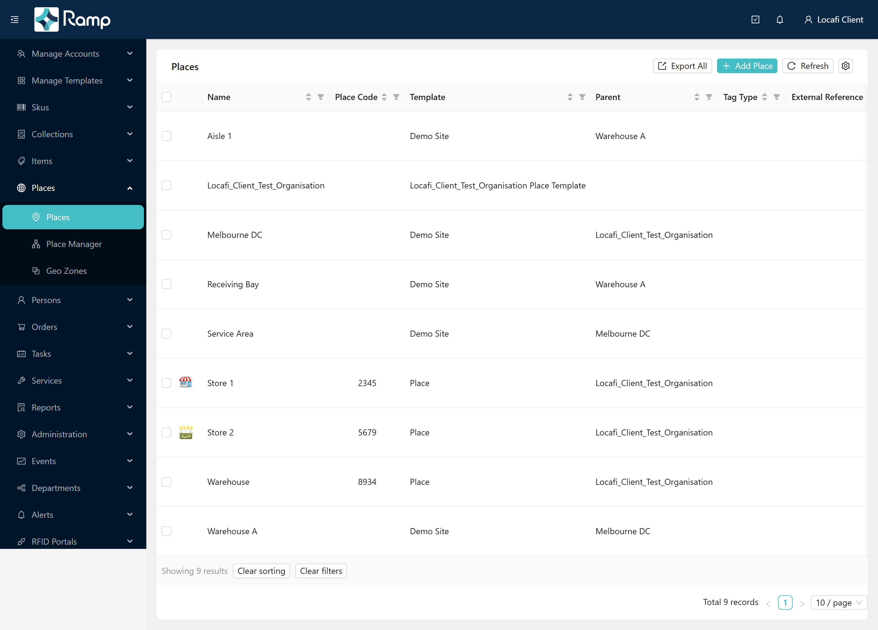 Places list showing the demo place tree with the Parent column visible
