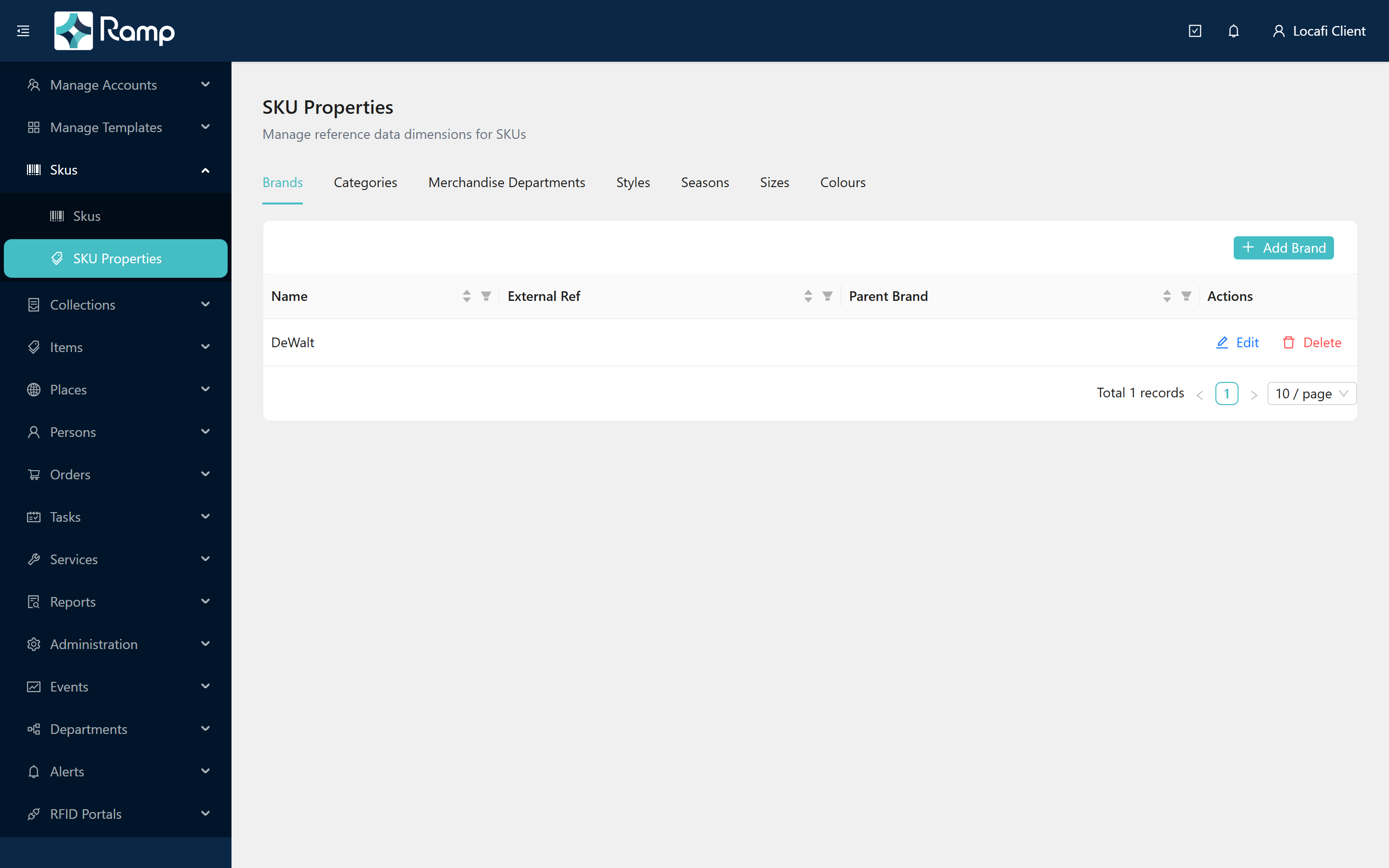 Reference Data page with Brands tab active showing demo rows