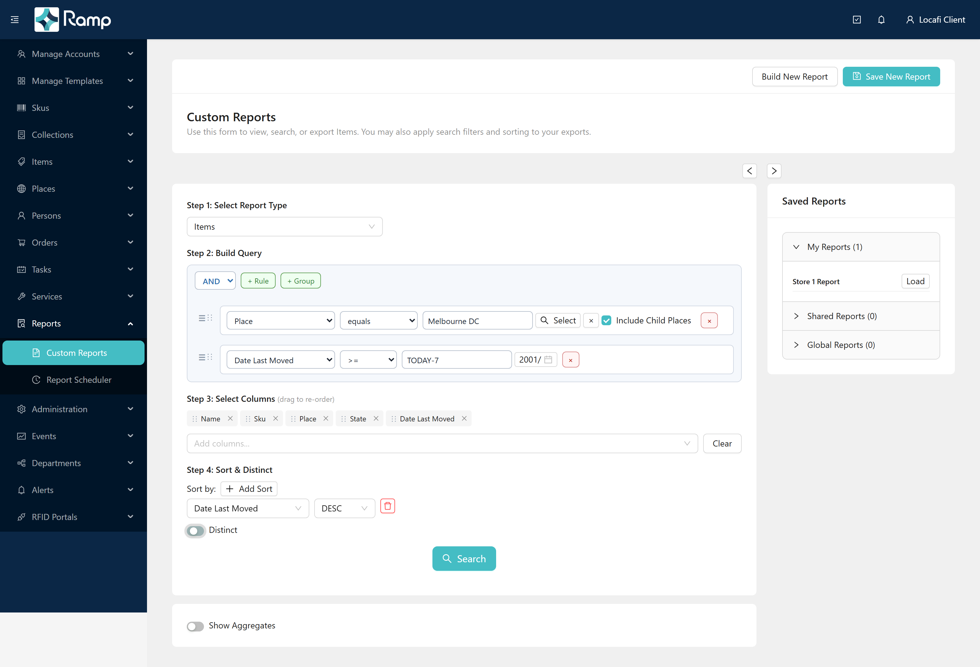 The Custom Reports page with Items selected as the report type, a two-rule query (Place equals Melbourne DC with Include Child Places ticked; Date Last Moved >= TODAY-7), five columns selected, and a Date Last Moved DESC sort. The Saved Reports panel is visible on the right.