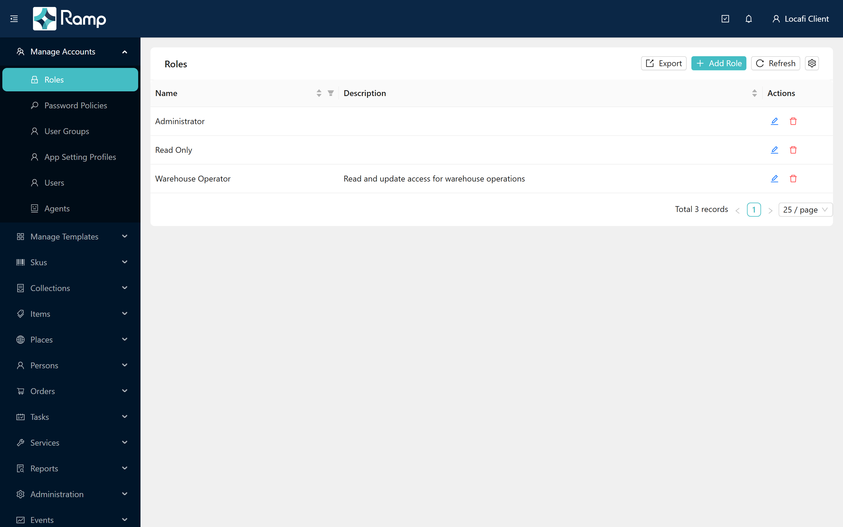 Roles list showing the Warehouse Operator demo role