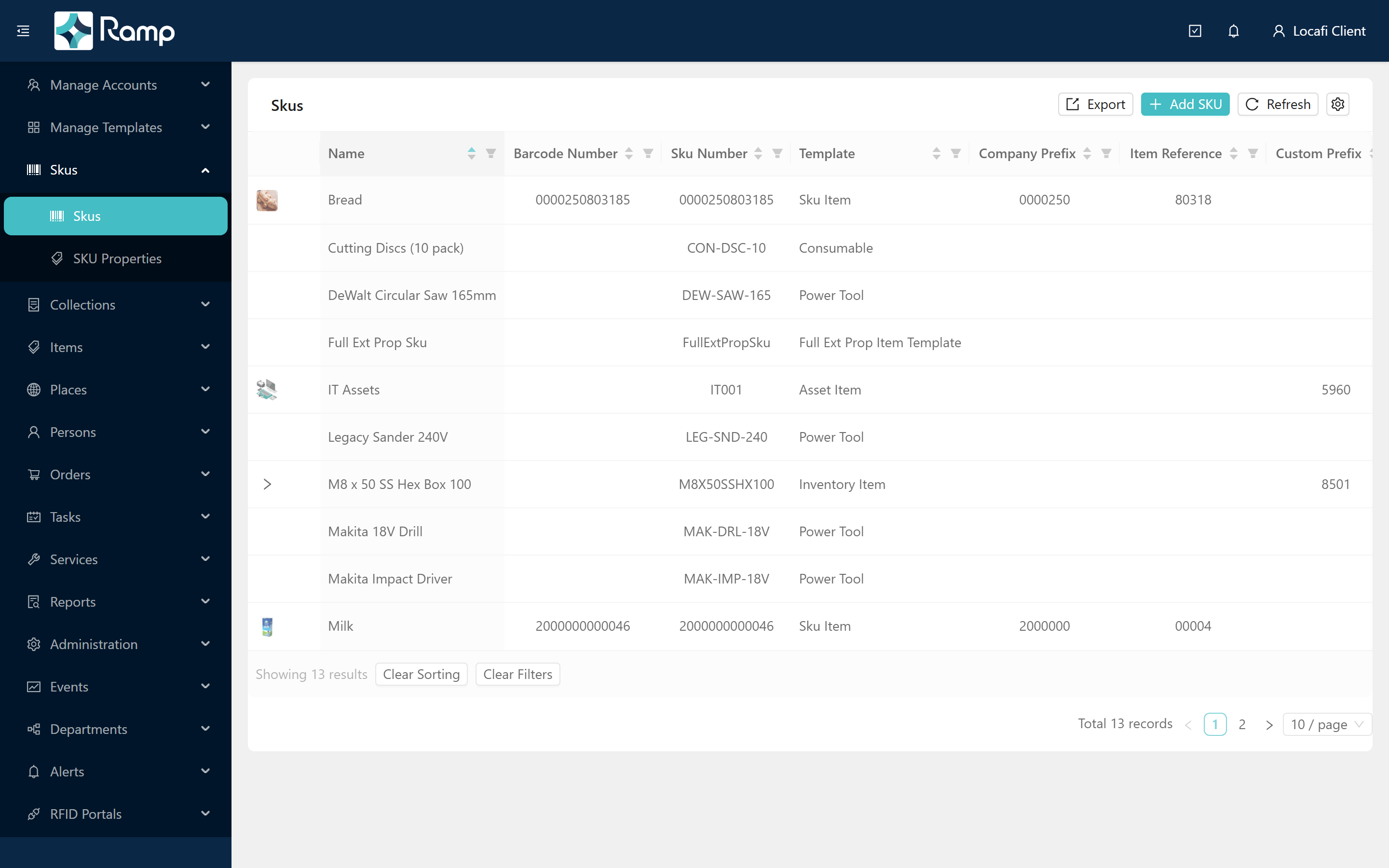 SKU list showing the demo catalogue