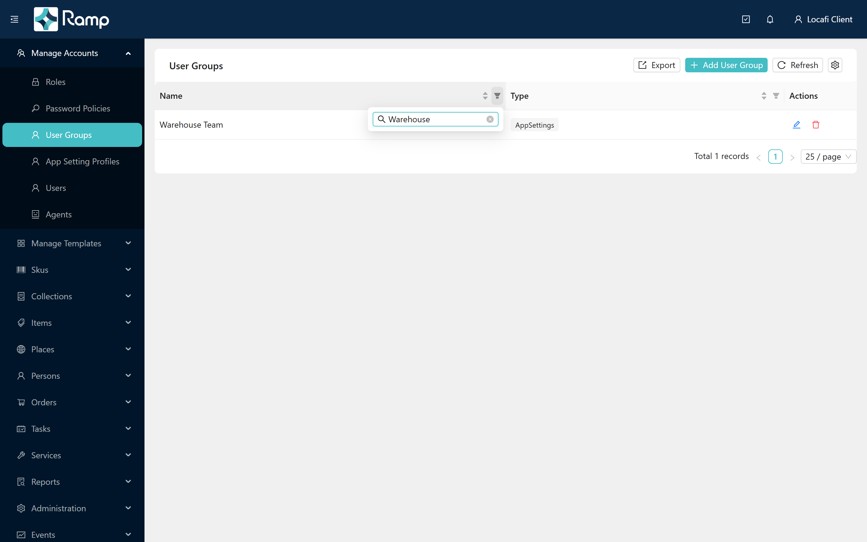 User Groups list with Warehouse Team