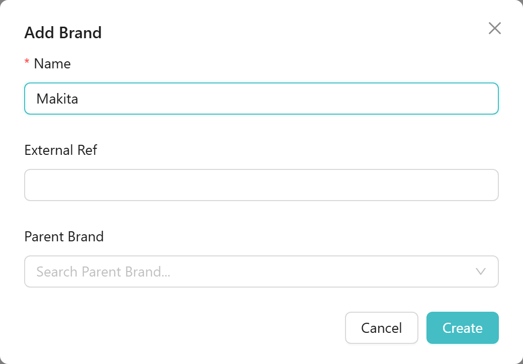 Add Brand modal with Name field filled, ready to submit