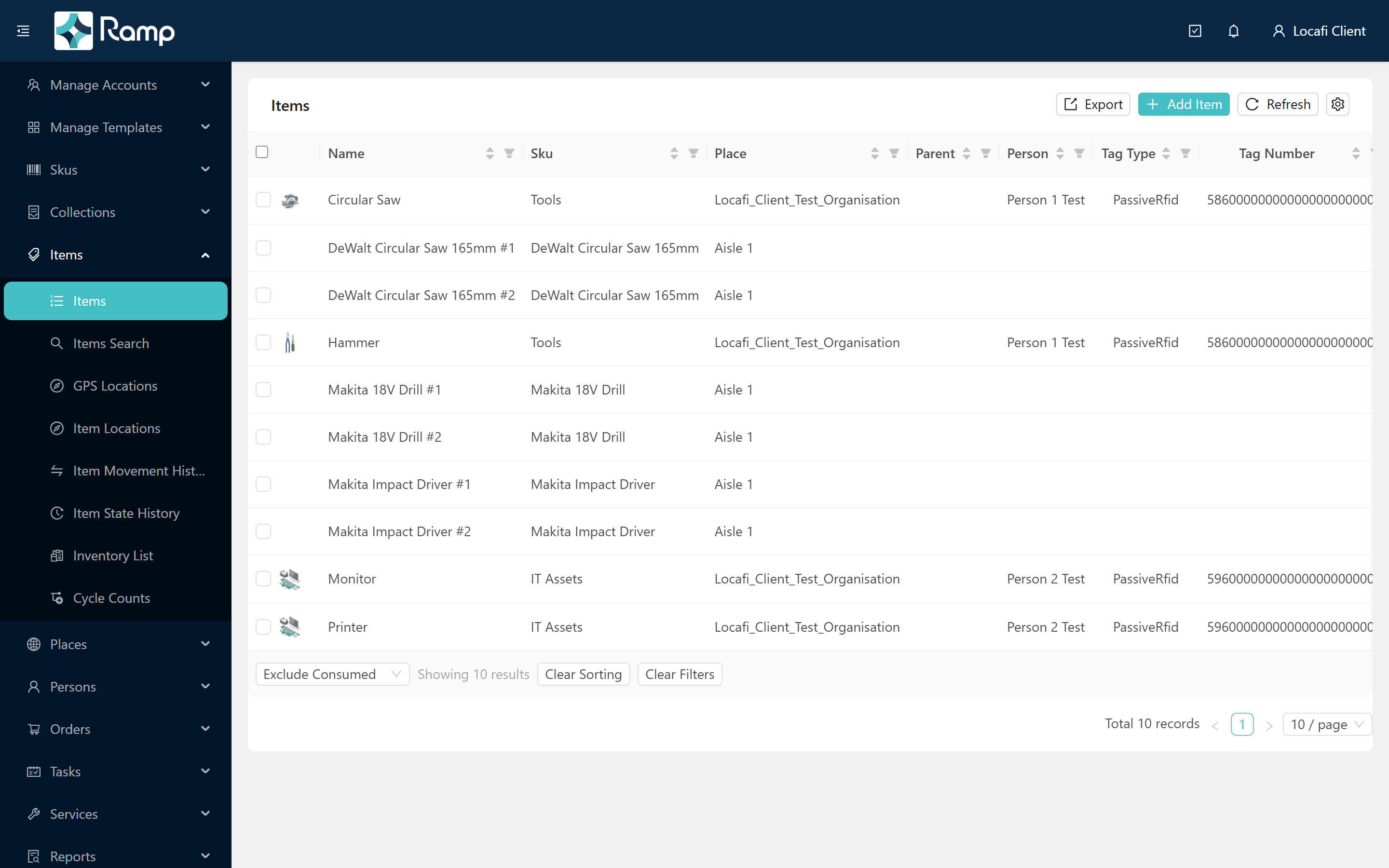 Items list with SKU and Place columns visible