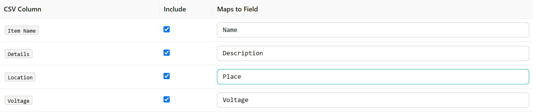 Mapping table showing four CSV columns: "Item Name" mapped to Name, "Details" mapped to Description, "Location" mapped to Place (the Maps to Field input has a teal focus border), and "Voltage" mapped to Voltage. Include checkboxes are all ticked.