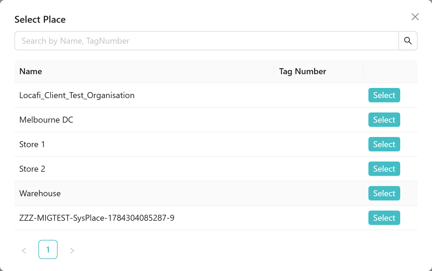 Select Place picker dialog open while creating Warehouse A, showing Melbourne DC in the results table