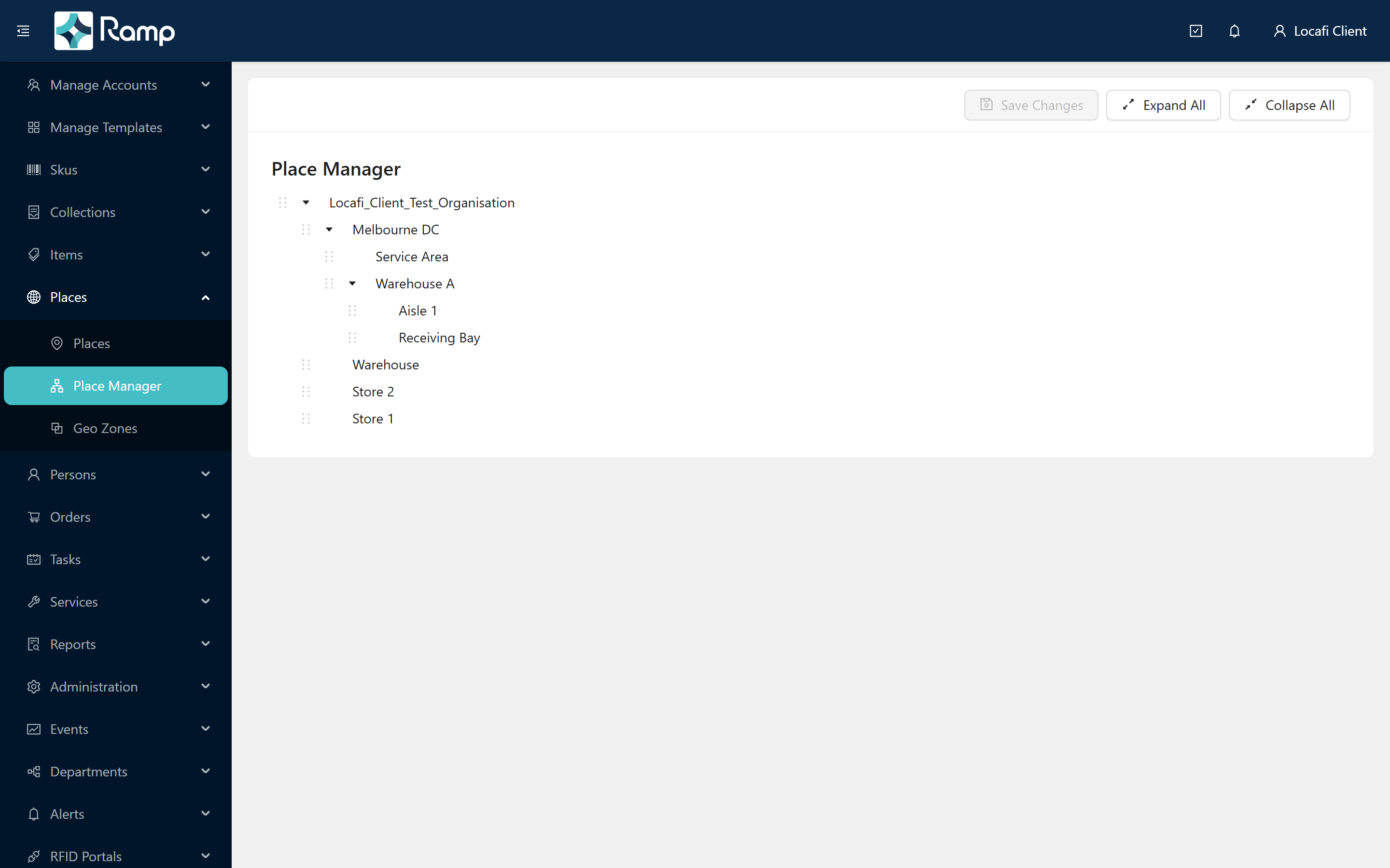 Place Manager tree expanded showing Melbourne DC, Warehouse A, Receiving Bay, Aisle 1, and Service Area