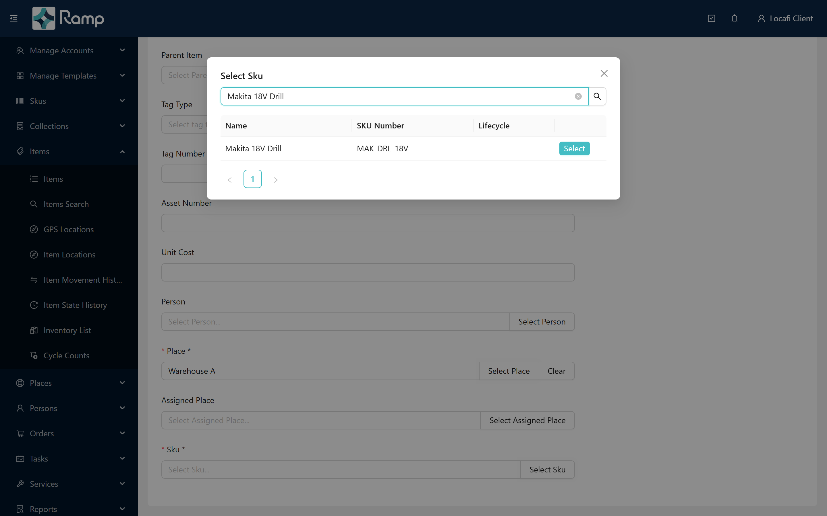 Place picker showing Warehouse A selected; SKU picker dialog open with Makita 18V Drill results