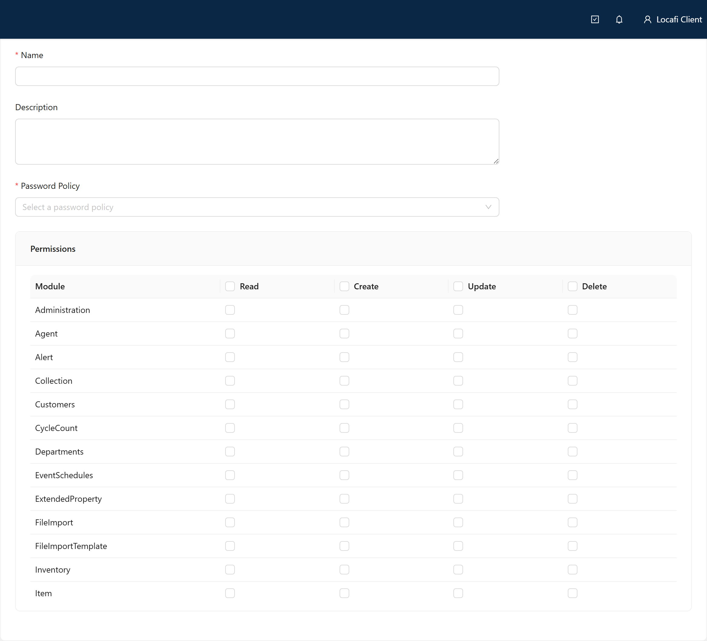 Add Role form showing Name, Description, and Password Policy fields