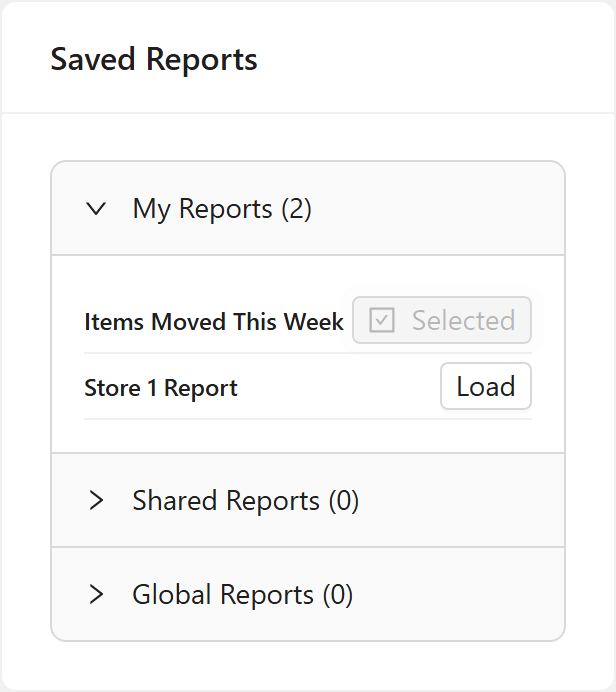 The Saved Reports panel showing My Reports expanded — one row displays Selected (the currently loaded template) and another displays Load — with Shared Reports and Global Reports collapsed below.