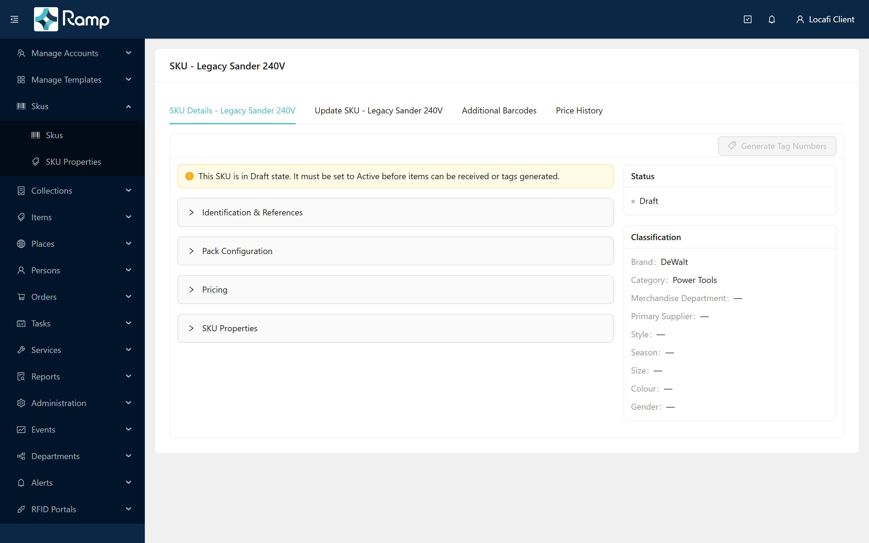 SKU edit page for a Draft SKU — Status card (right rail) showing Draft, with the Draft warning alert on the left