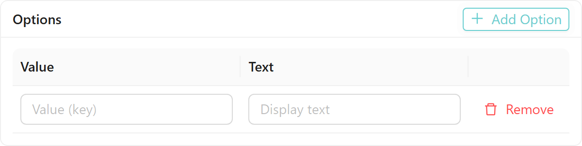 SelectList data type — Options table with the Add Option button visible