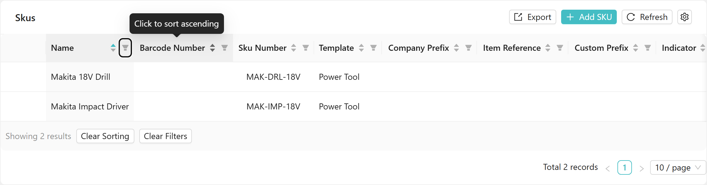 Filtered list showing only Makita SKUs