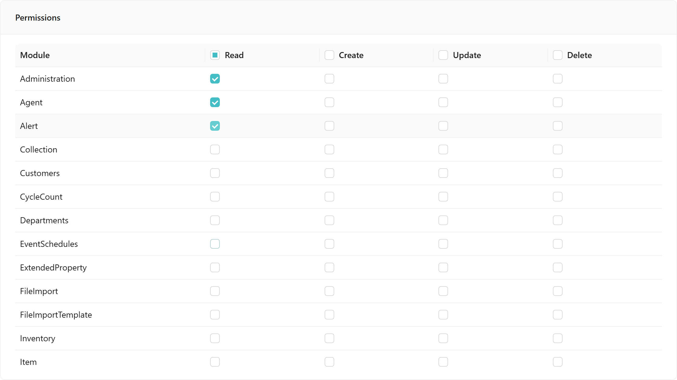 Permissions matrix with Read ticked for three modules