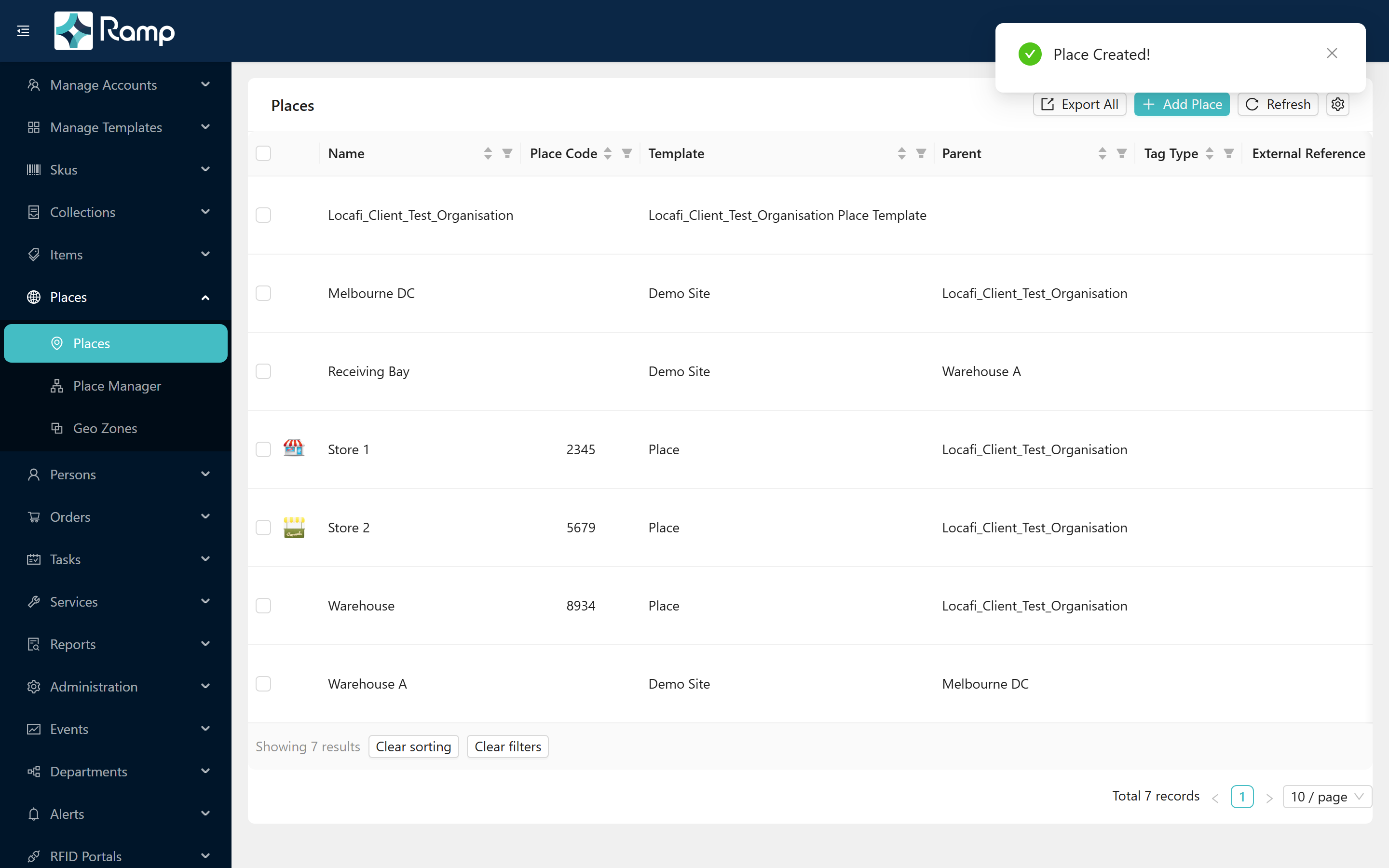 Places list showing Melbourne DC, Warehouse A, and Receiving Bay with the Parent column confirming the hierarchy