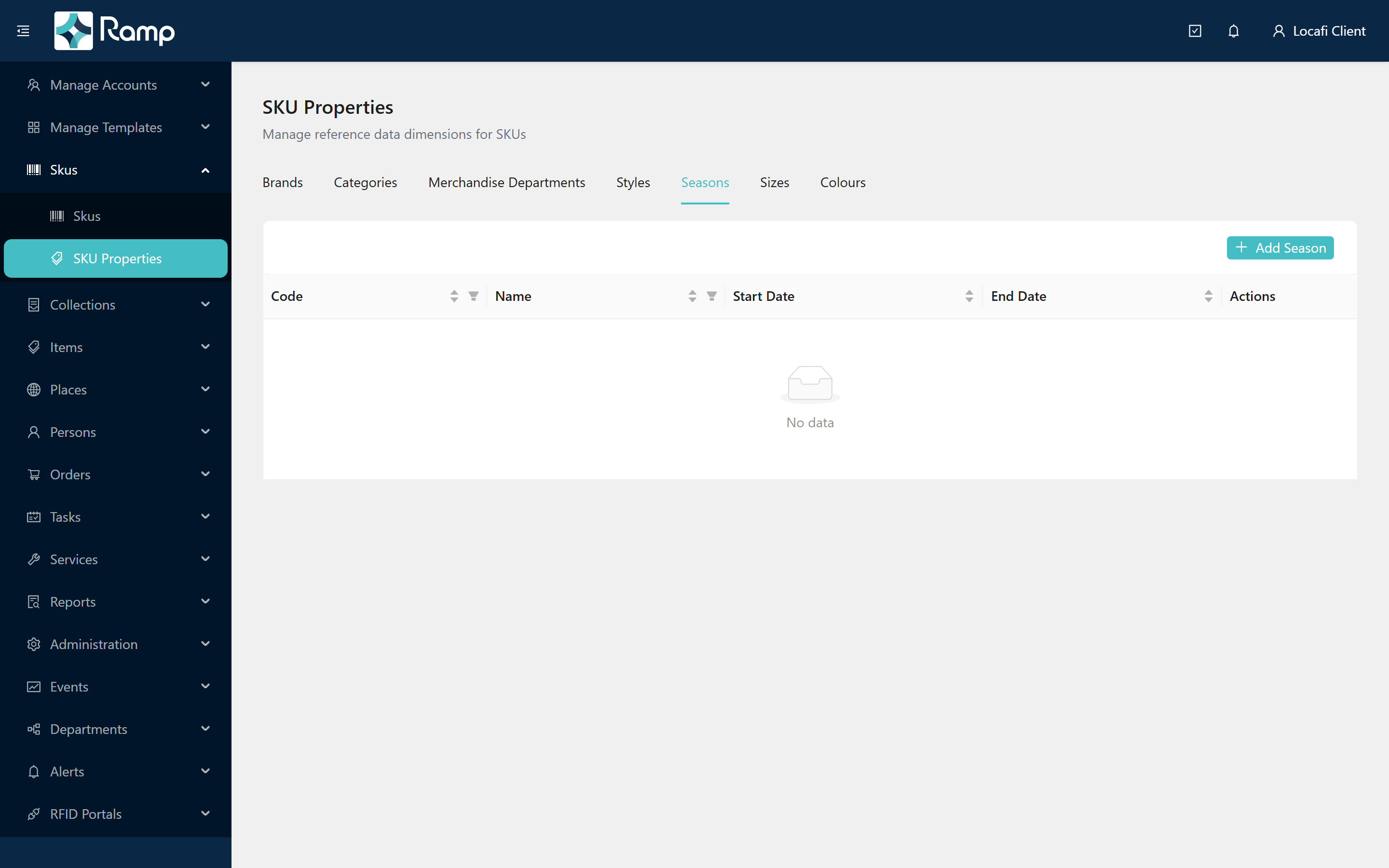Seasons tab showing Code, Name, Start Date and End Date columns