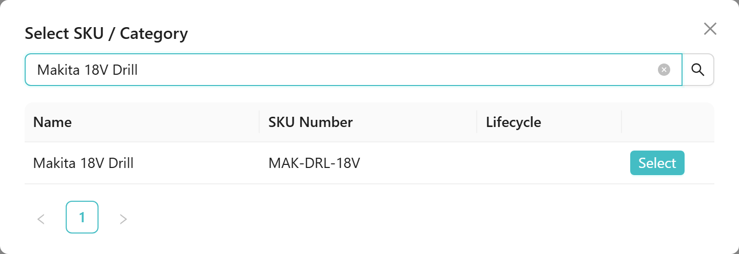 Select SKU / Category picker dialog. The search box contains "Makita 18V Drill". One result is shown in the table: name "Makita 18V Drill", SKU Number "MAK-DRL-18V". A teal "Select" button appears to the right of the result row. Pagination shows page 1.
