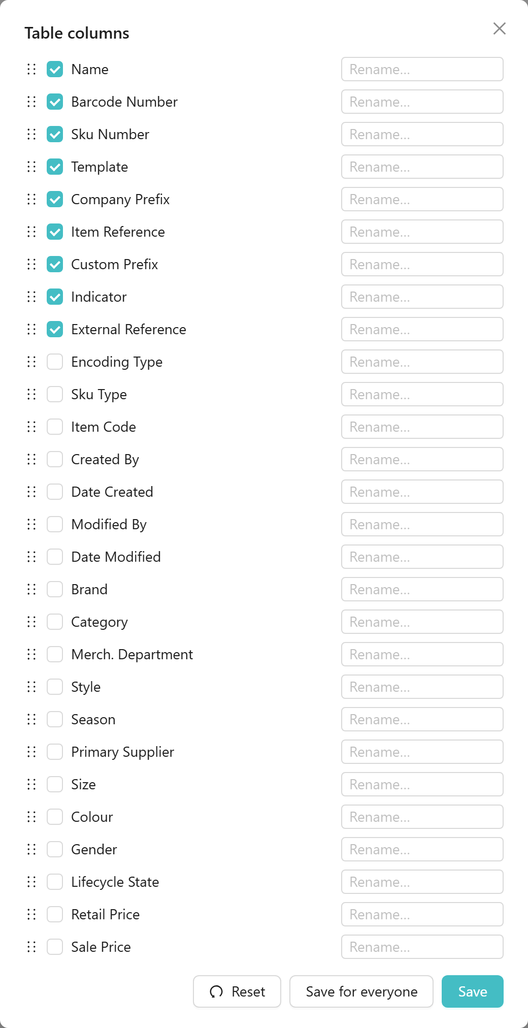 Table columns modal