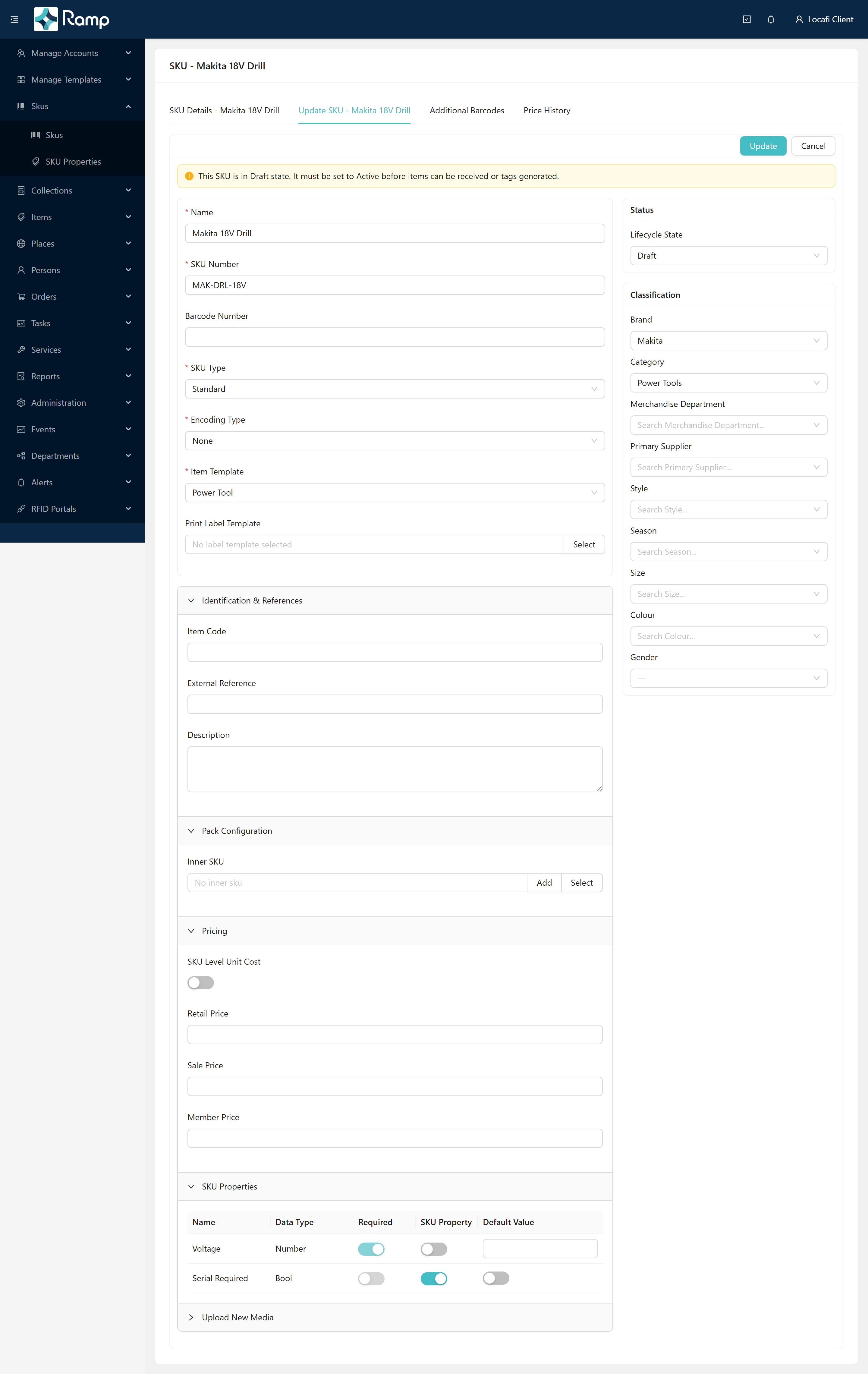 Edit page showing the Draft warning alert and the Status card with Lifecycle State selector