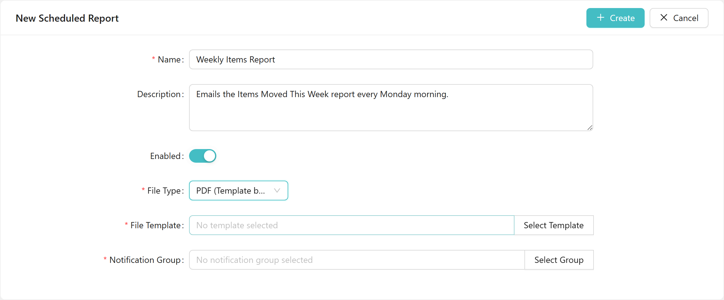 The New Scheduled Report form in PDF mode showing File Type set to "PDF (Template based)", the File Template field with placeholder "No template selected" and a Select Template button, and the Notification Group field with placeholder "No notification group selected" and a Select Group button.