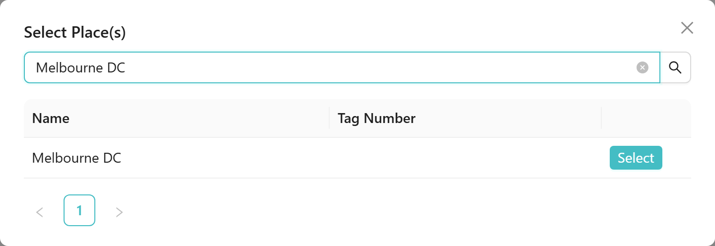 The Select Place(s) dialog with Melbourne DC typed in the search box and a single matching row with a Select button.