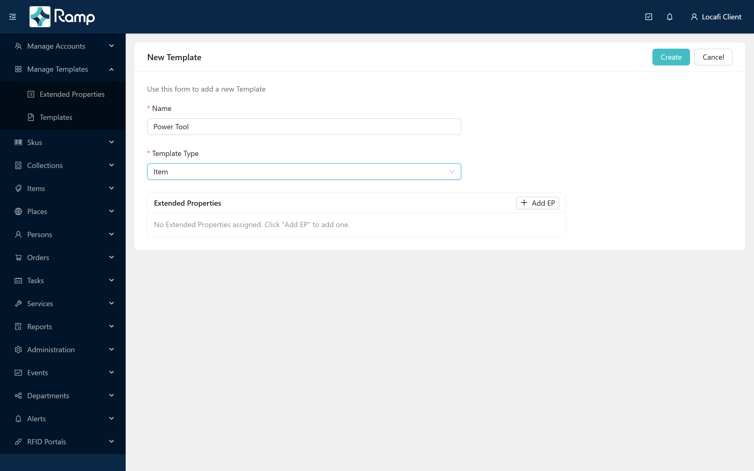 New Template form with Name and Template Type filled, Add EP button enabled