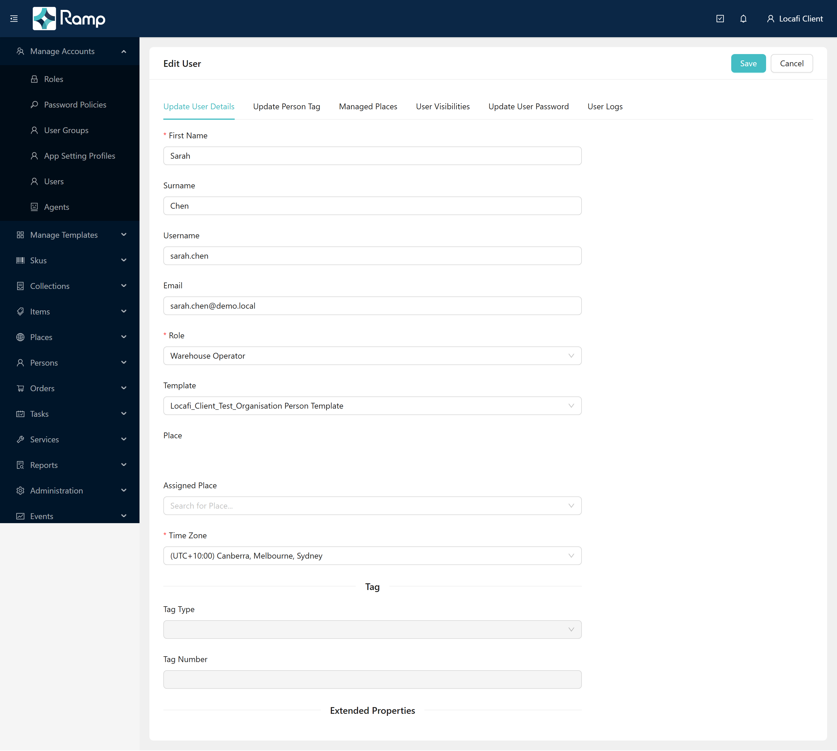 Edit user page, tab bar and Details tab