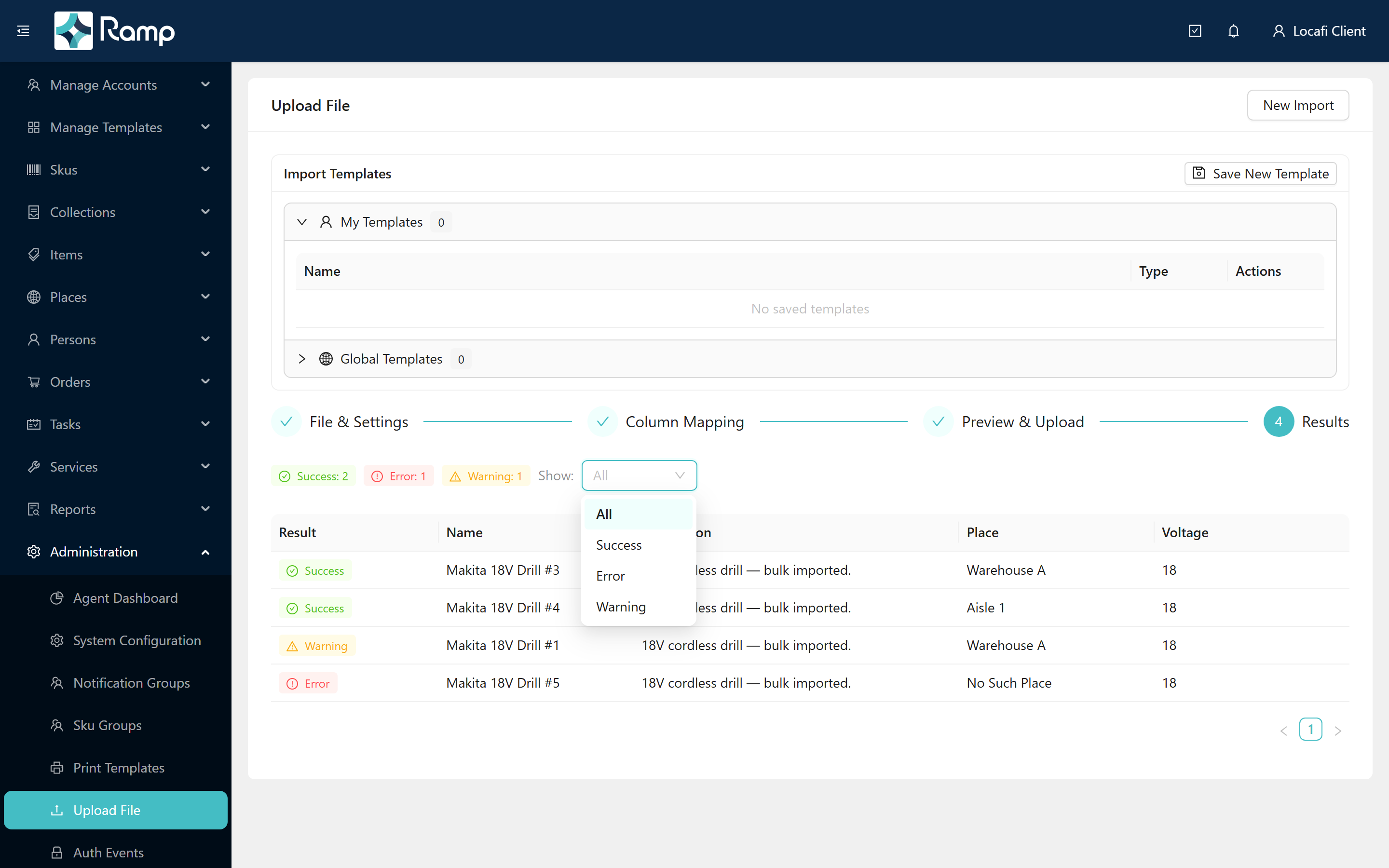 Show filter dropdown open with options All, Success, Error, Warning visible