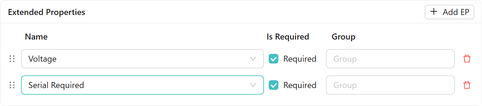 Extended Properties panel with Voltage and Serial Required rows assigned, Required ticked