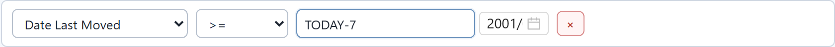 Close-up of the Date Last Moved rule row with >= selected as the operator and TODAY-7 typed in the value input.