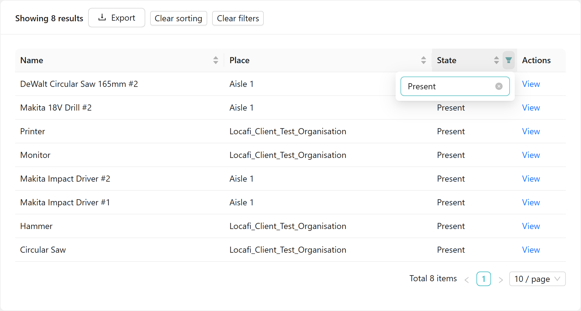 Basic report results with a column filter open on the State column, 'Present' typed in the filter input, 8 matching rows each showing Present in the State column, Total 8 items in the footer, and Clear sorting and Clear filters buttons in the card header.