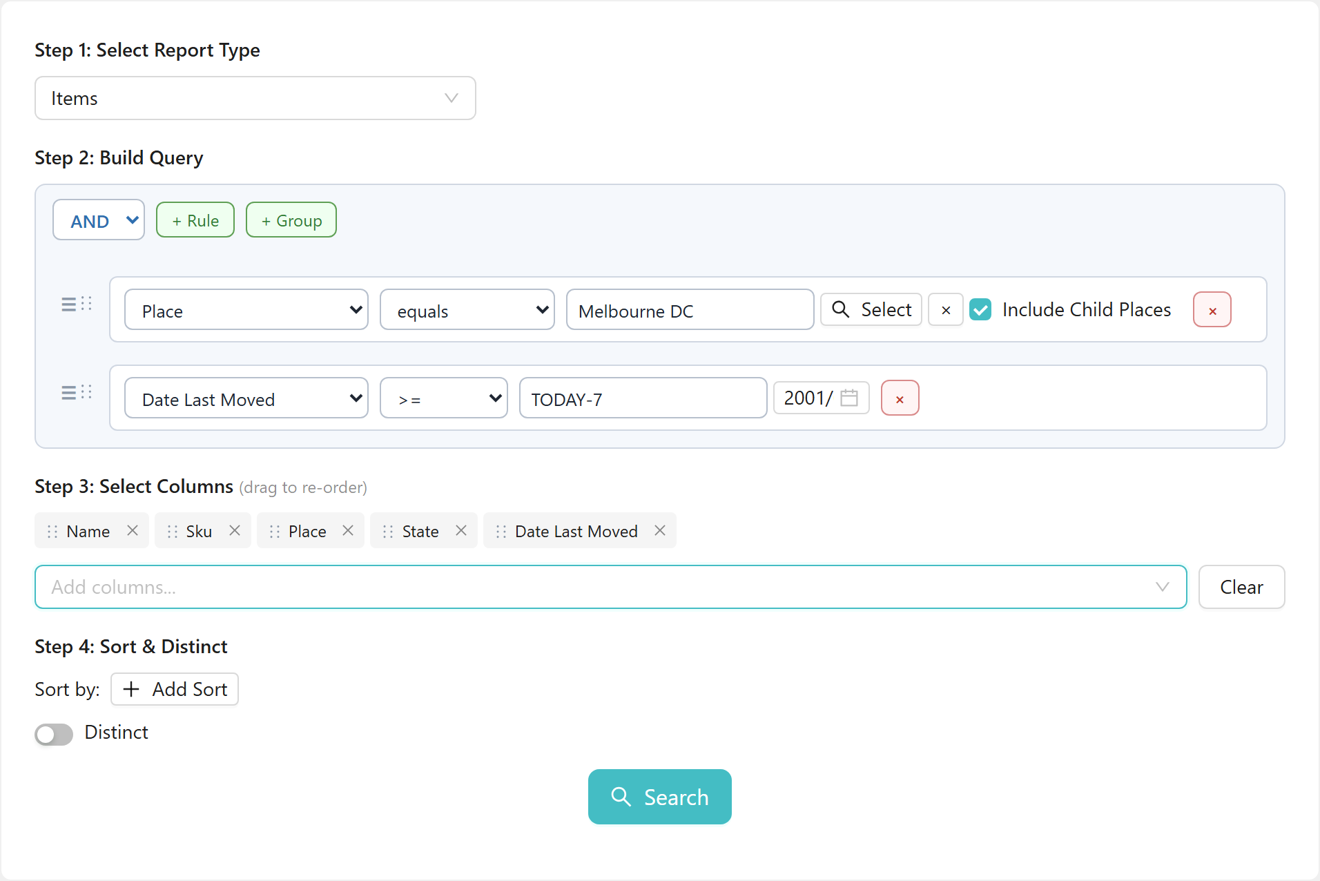 The Step 3 Select Columns card with five tags above the picker — Name, Sku, Place, State, Date Last Moved — and the Search button active below.